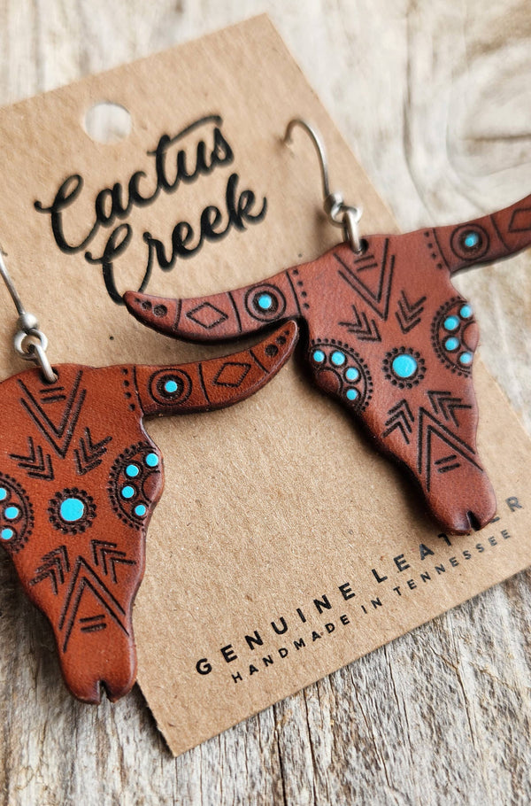 Handmade Leather Earrings: Steer Skull