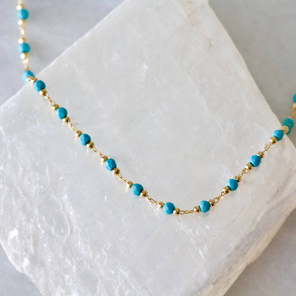 Turquoise Choker Necklace - Faceted Stone: Sterling Silver Plated