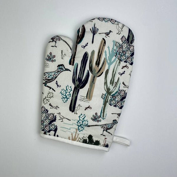 Cotton Oven Mitt - Southwest Roadrunner Saguaros -GOLD
