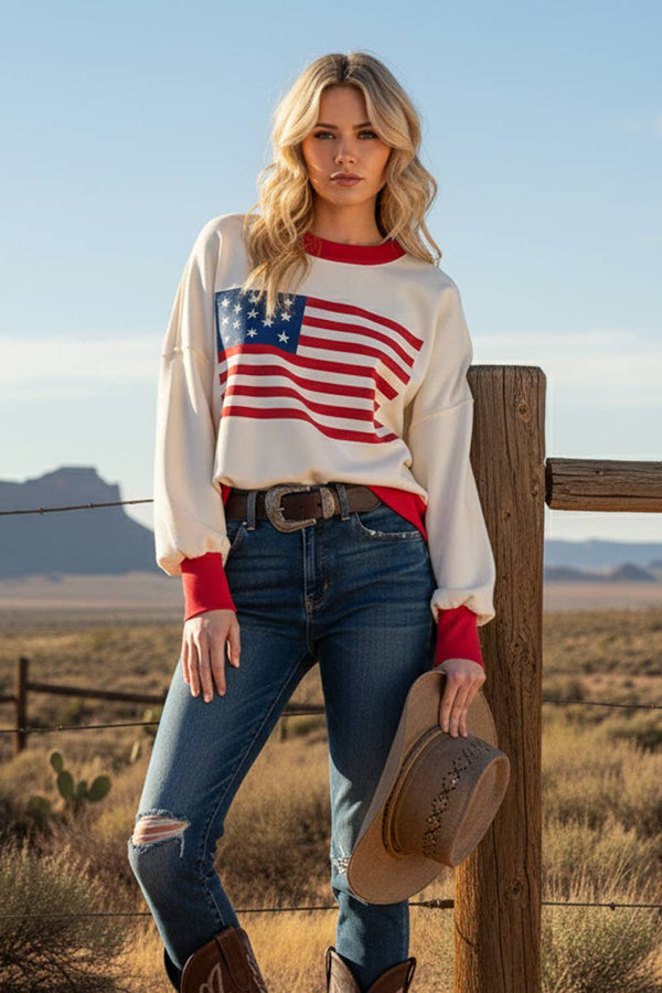 4TH OF JULY AMERICAN FLAG SWEATER TOP : RED COMBO / M