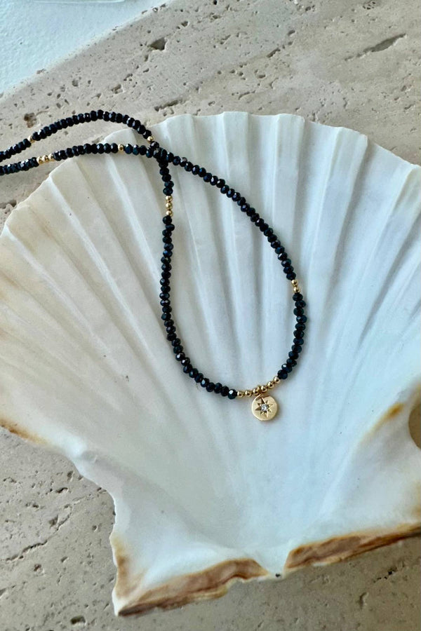 BEADED STAR MEDALLION NECKLACE: HEMATITE