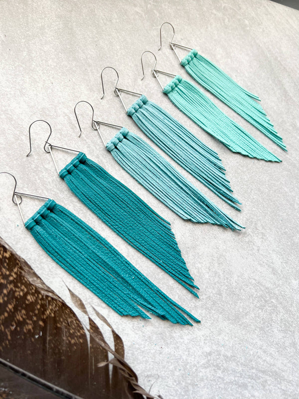 Leather Earring - Corvallis Triangle Fringe in Robin Egg