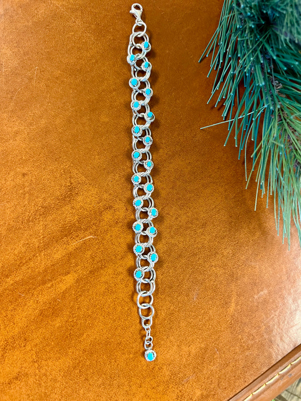 Silver & Kingman Turquoise Circle Bar Chain Bracelet