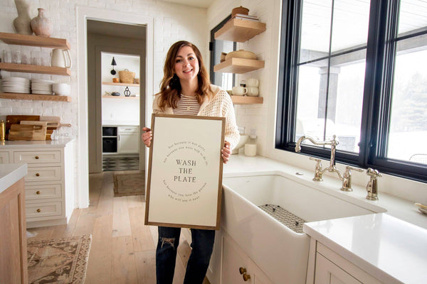Wash the Plate | Wall Art: Soft White-Black Text / Light Brown Frame / 8 inches x 12 inches