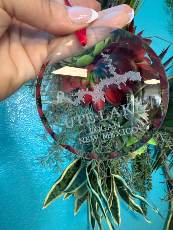 Ute Lake Map Ornament - Etched Crystal: 3.25"