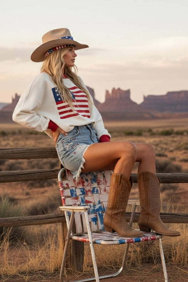 4TH OF JULY AMERICAN FLAG SWEATER TOP : RED COMBO / M