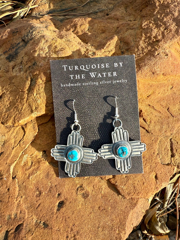 Sandcast Zia & Turquoise Dangle Earrings