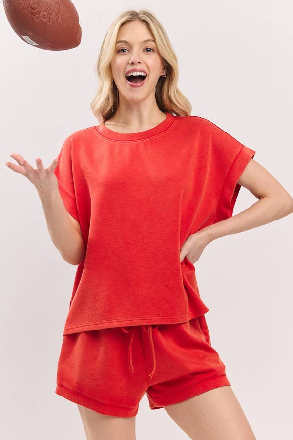 Red Mineral Washed Top and Shorts Set