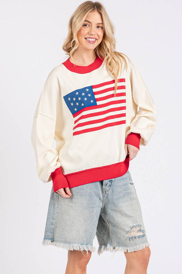 4TH OF JULY AMERICAN FLAG SWEATER TOP : RED COMBO / L