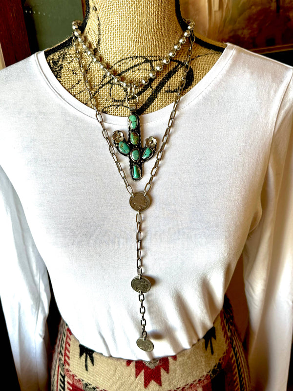 Natural Turquoise Tibetan Silver Cactus Necklace