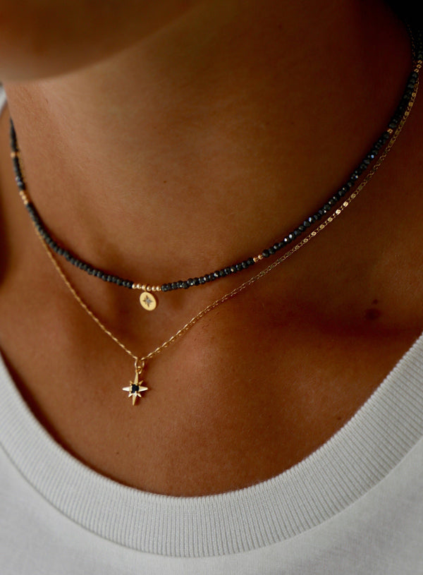 BEADED STAR MEDALLION NECKLACE: HEMATITE