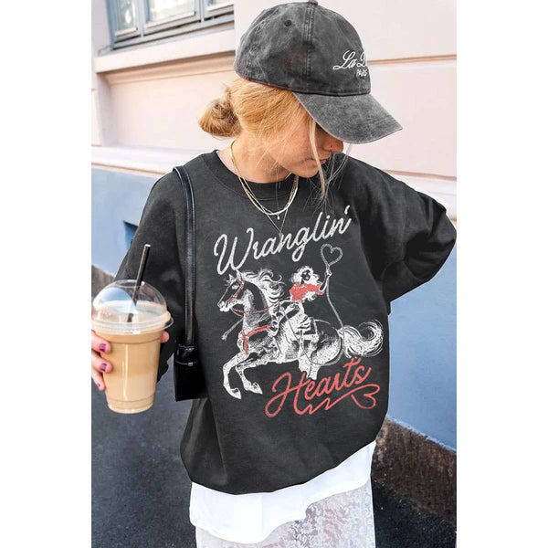 Valentine’s Ultra Soft Mineral-Washed WRANGLIN HEARTS - Mineral Black Sweatshirt
