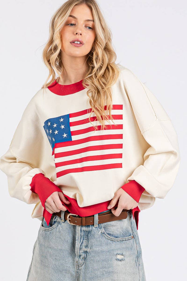4TH OF JULY AMERICAN FLAG SWEATER TOP : RED COMBO / L