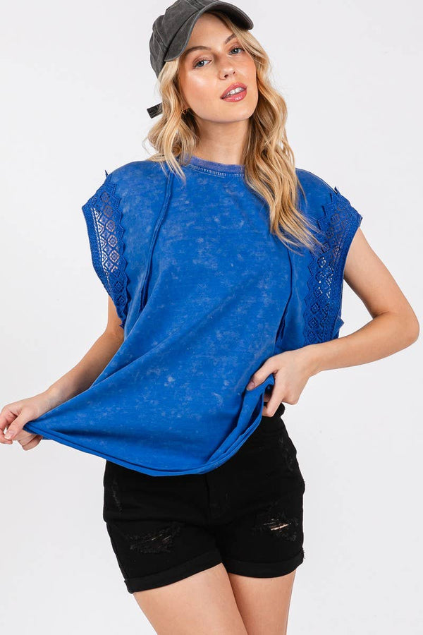 SHORT SLEEVE TOP - MINERAL WASHED TRIM : ROYAL BLUE Contemporary