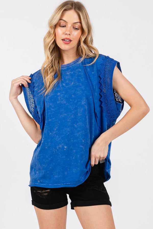 SHORT SLEEVE TOP - MINERAL WASHED TRIM : ROYAL BLUE Contemporary