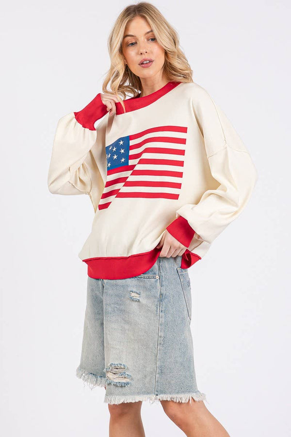 4TH OF JULY AMERICAN FLAG SWEATER TOP : RED COMBO / S