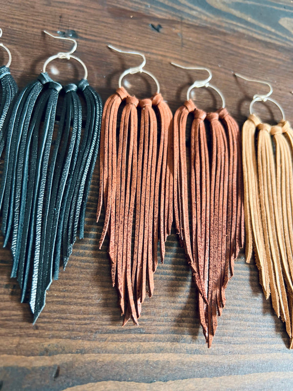 Leather Earrings - Bozeman Fringe in Black