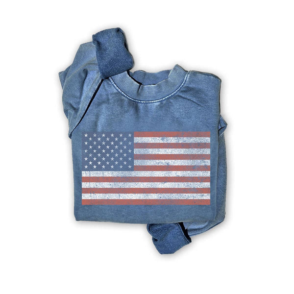VINTAGE AMERICA FLAG MINERAL GRAPHIC SWEATSHIRTS: Mineral Lt Blue / S-M-L-XL(1-2-2-1)