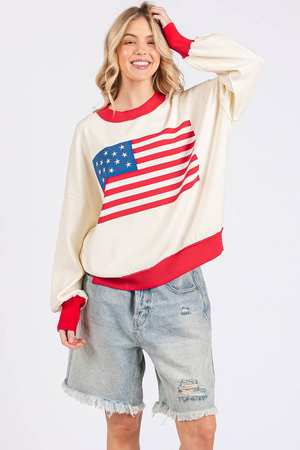 4TH OF JULY AMERICAN FLAG SWEATER TOP : RED COMBO / S