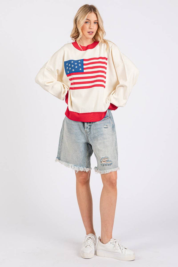4TH OF JULY AMERICAN FLAG SWEATER TOP : RED COMBO / L