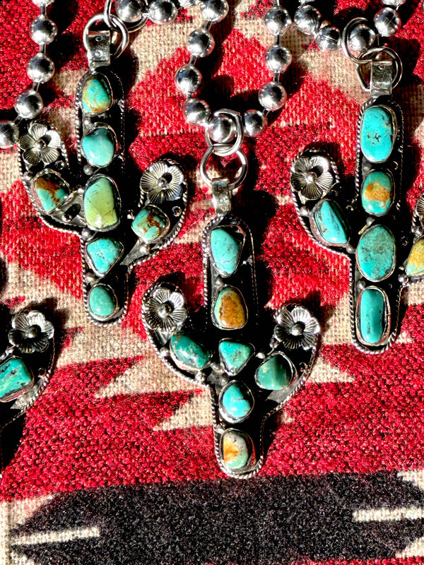 Natural Turquoise Tibetan Silver Cactus Necklace