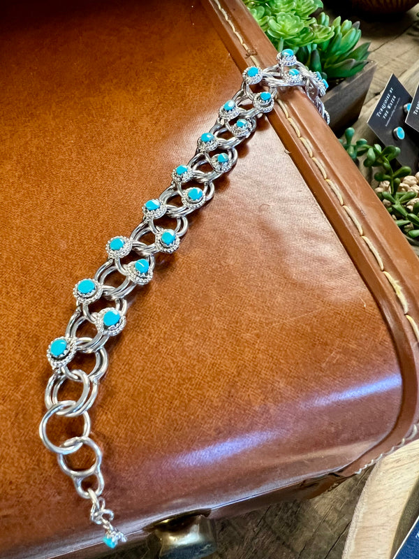 Silver & Kingman Turquoise Circle Bar Chain Bracelet