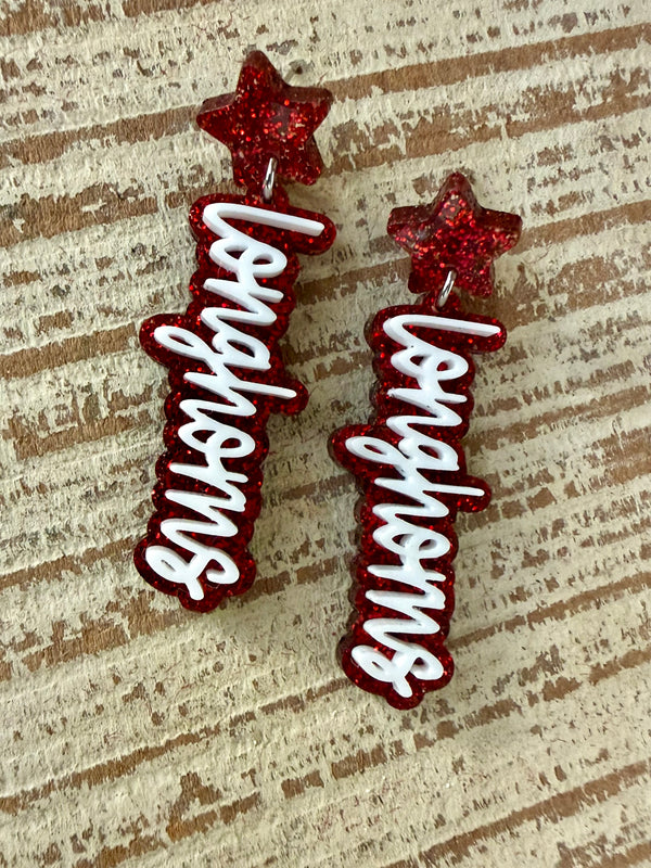 Longhorn Dangle Earrings 2.25" Layered Mascot Acrylic Spirit Earrings: Red Glitter and Solid White
