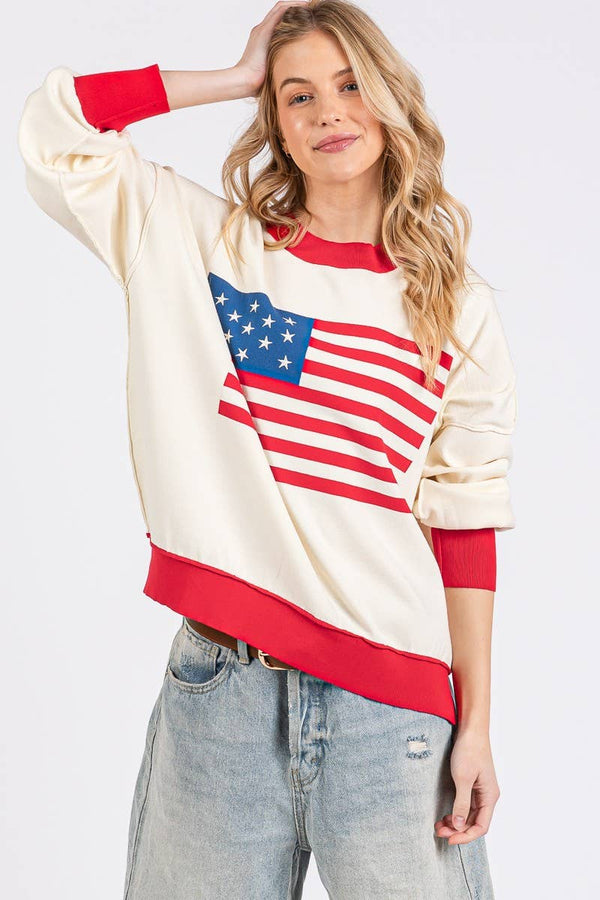 4TH OF JULY AMERICAN FLAG SWEATER TOP : RED COMBO / L