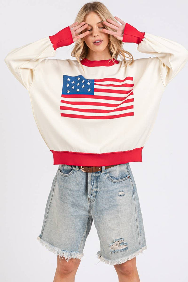 4TH OF JULY AMERICAN FLAG SWEATER TOP : RED COMBO / L
