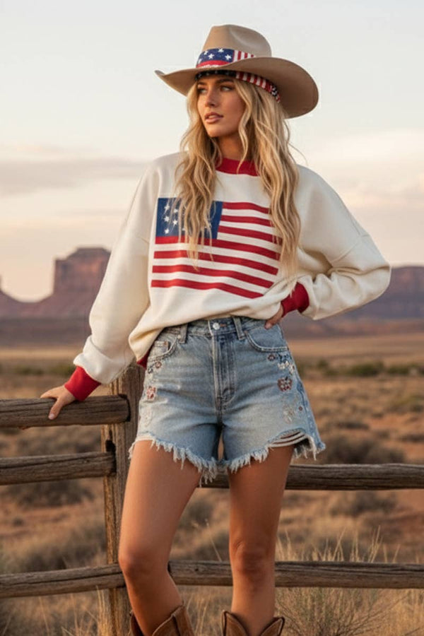 4TH OF JULY AMERICAN FLAG SWEATER TOP : RED COMBO / S