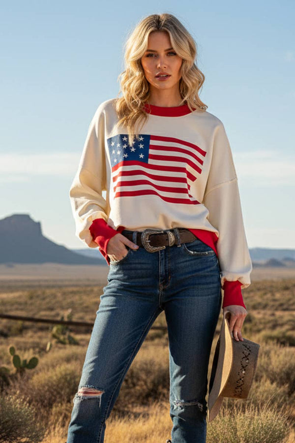 4TH OF JULY AMERICAN FLAG SWEATER TOP : RED COMBO / L