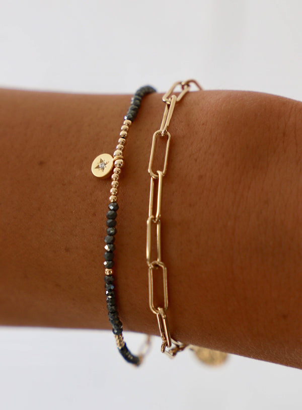 BEADED STAR MEDALLION BRACELET: Metallic Black