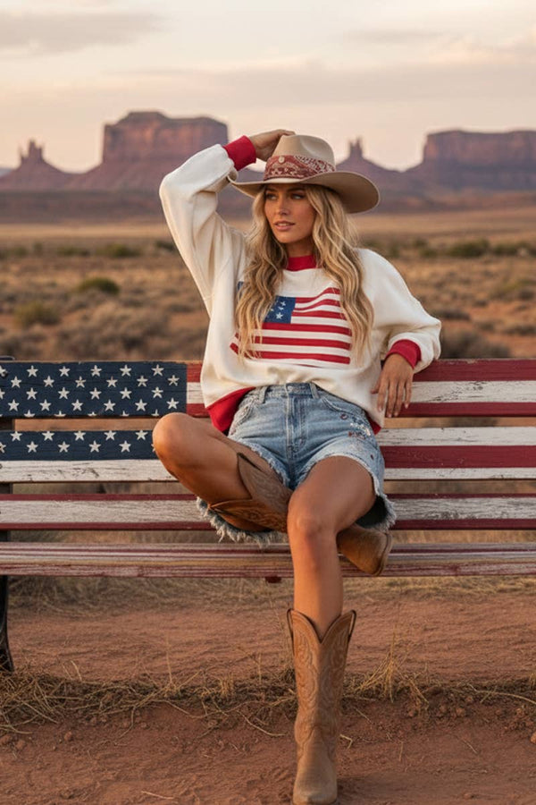 4TH OF JULY AMERICAN FLAG SWEATER TOP : RED COMBO / S