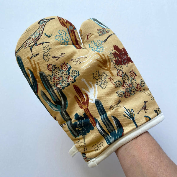 Cotton Oven Mitt - Southwest Roadrunner Saguaros -GOLD