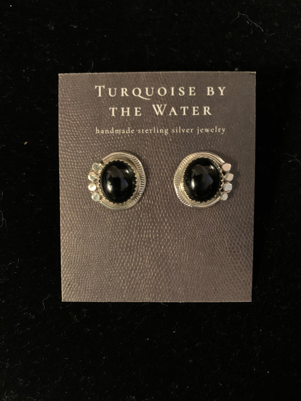 Black Onyx Studs - Large with Silver Accents
