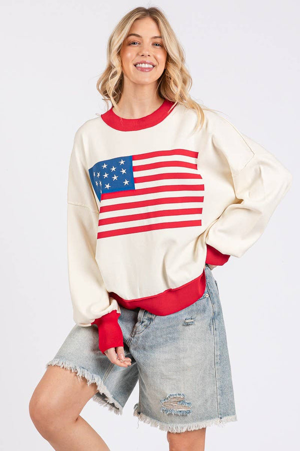 4TH OF JULY AMERICAN FLAG SWEATER TOP : RED COMBO / S