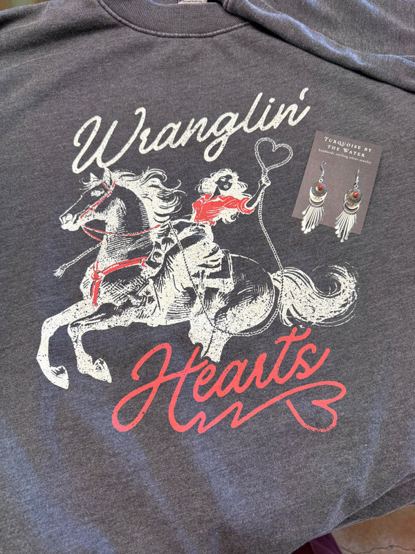 Valentine’s Ultra Soft Mineral-Washed WRANGLIN HEARTS - Mineral Black Sweatshirt
