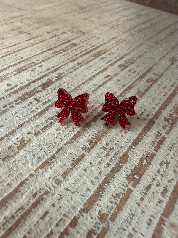Red Glitter Bow Stud Earrings