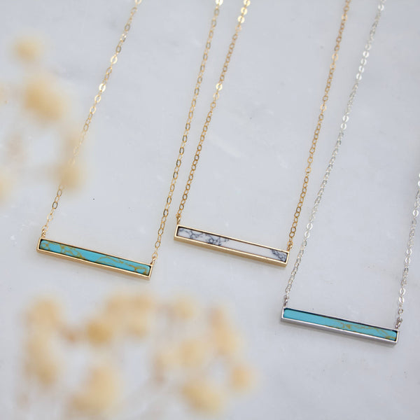 Turquoise, White Howlite Bar Necklace: 18k Gold Plated / 16 inches