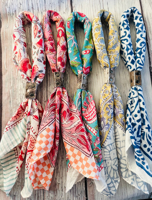 Bright Boho Bandanas With Cowhide Leather Slides
