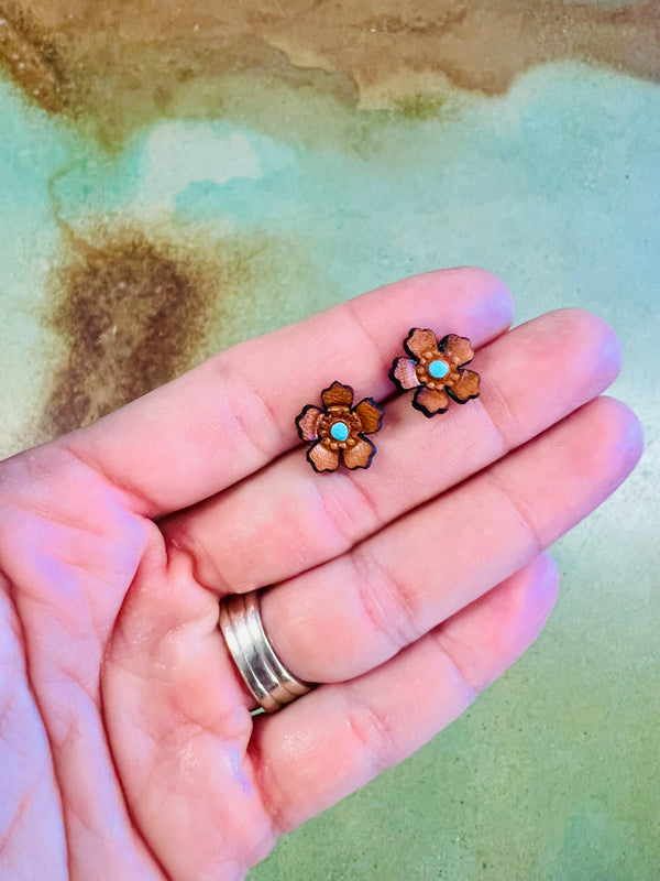 Handmade Leather Earrings - Western Flower Stud Earrings
