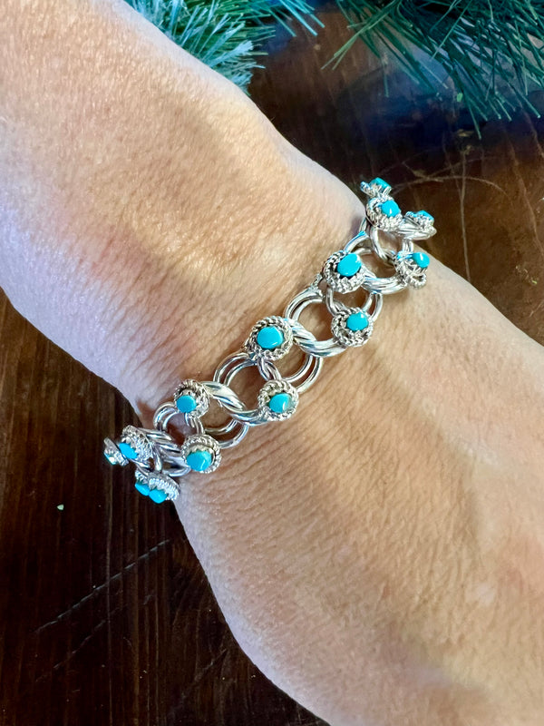 Silver & Kingman Turquoise Circle Bar Chain Bracelet