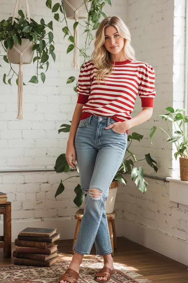 Striped Puff Sleeve Knit Sweater Top: RED and WHITE