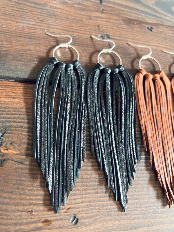 Leather Earrings - Bozeman Fringe in Black