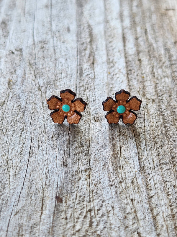 Handmade Leather Earrings - Western Flower Stud Earrings