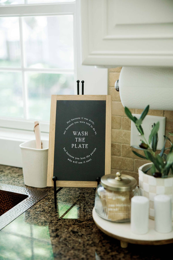 Wash the Plate | Wall Art: Soft White-Black Text / Light Brown Frame / 8 inches x 12 inches