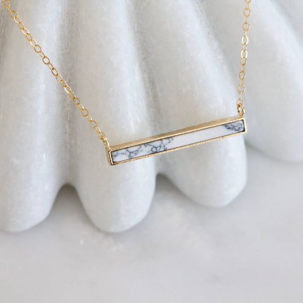Turquoise, White Howlite Bar Necklace: 18k Gold Plated / 16 inches