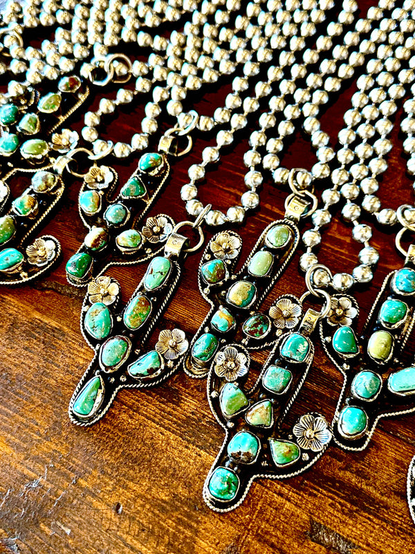 Natural Turquoise Tibetan Silver Cactus Necklace