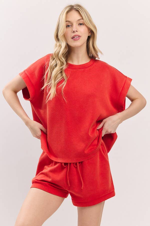 Red Mineral Washed Top and Shorts Set