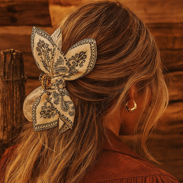 Western Paisley Claw Clip Hair Bow Bandana Print: Red